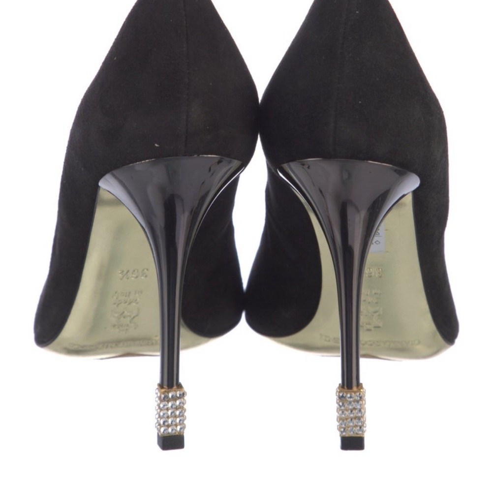 Gianmarco Lorenzi Black Suede Pointed-Toe Pumps with Metal Heel Tip - Picture 4 of 5